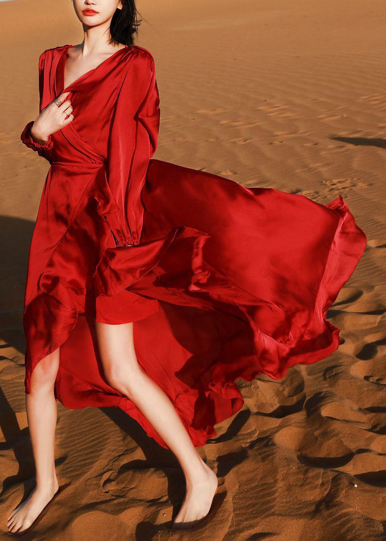 High Robe Italian Fall Wine V Dresses Neck Low Red Cotton Design FashionChic