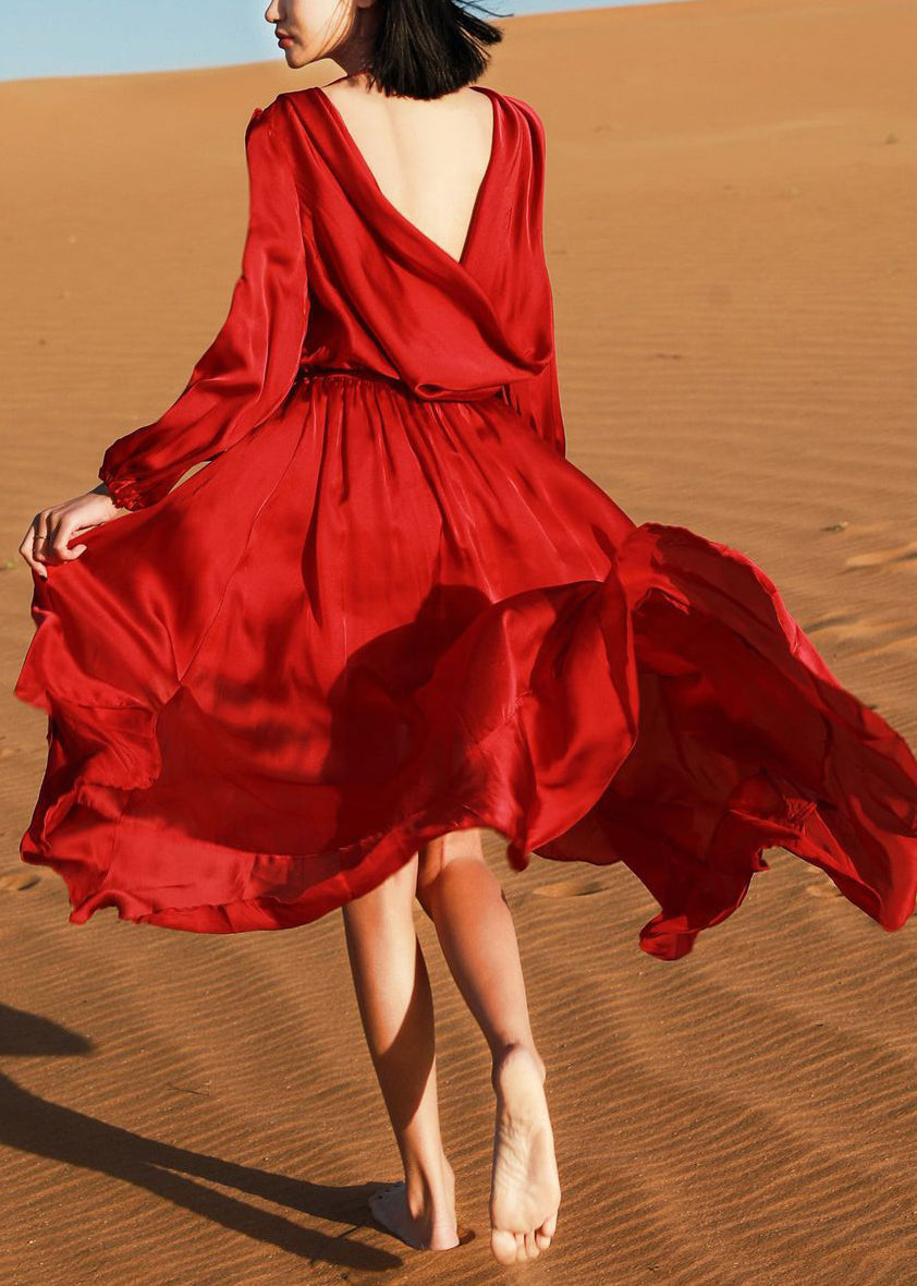 High Robe Italian Fall Wine V Dresses Neck Low Red Cotton Design FashionChic