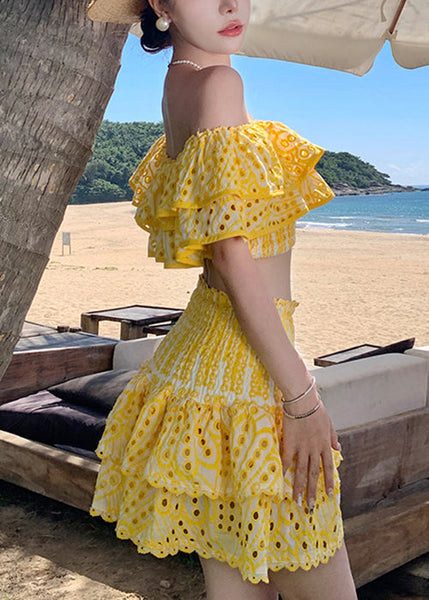 Italian Yellow Slash Neck Hollow Out Cotton 2 Piece Outfit Summer EE1046 SH-LF-TPIEC240517