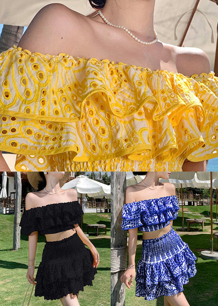 Italian Yellow Slash Neck Hollow Out Cotton 2 Piece Outfit Summer EE1046 SH-LF-TPIEC240517