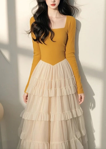 Spring Italian Long Dress Tulle Collar Yellow Patchwork Square FashionChic