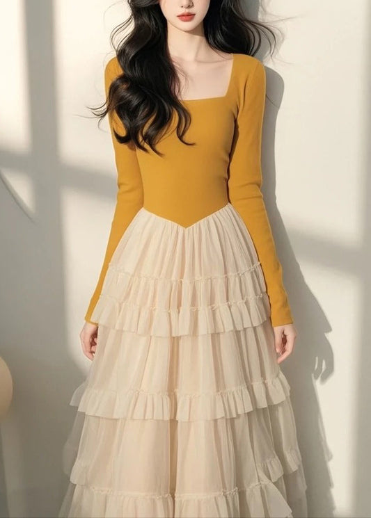 Spring Italian Long Dress Tulle Collar Yellow Patchwork Square FashionChic