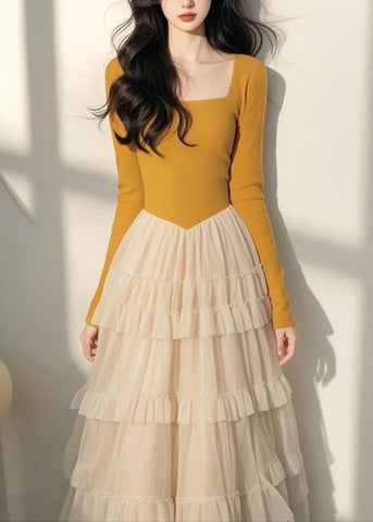 Spring Italian Long Dress Tulle Collar Yellow Patchwork Square FashionChic