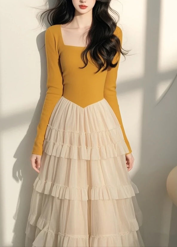 Spring Italian Long Dress Tulle Collar Yellow Patchwork Square FashionChic