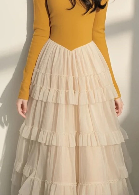 Spring Italian Long Dress Tulle Collar Yellow Patchwork Square FashionChic