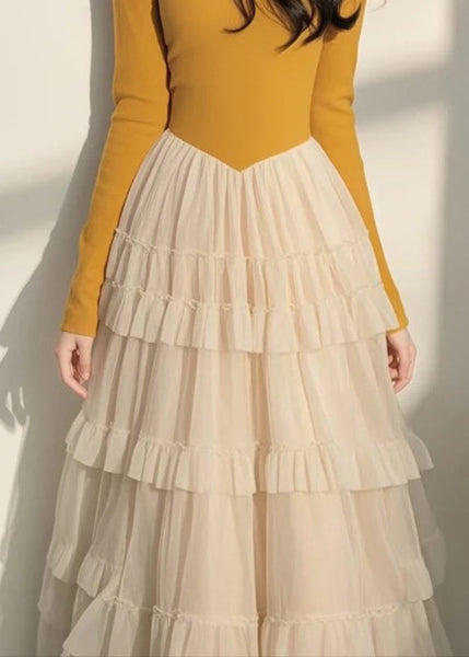 Spring Italian Long Dress Tulle Collar Yellow Patchwork Square FashionChic