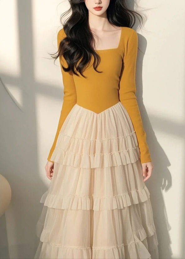Spring Italian Long Dress Tulle Collar Yellow Patchwork Square FashionChic