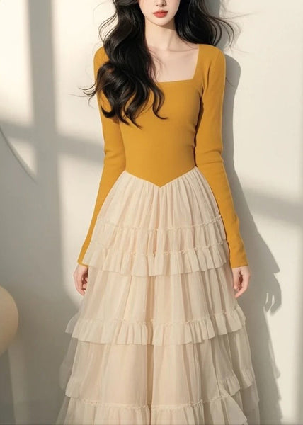 Spring Italian Long Dress Tulle Collar Yellow Patchwork Square FashionChic