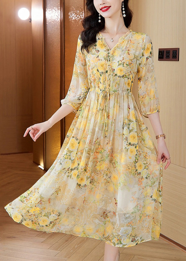 Italian Yellow V Neck Print Drawstring Silk Dresses Summer BB029 Hawaii-SDL240622