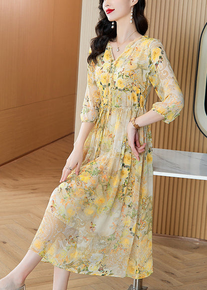 Italian Yellow V Neck Print Drawstring Silk Dresses Summer BB029 Hawaii-SDL240622