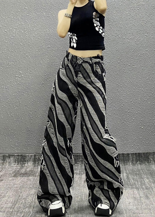 Italian Zebra Pattern Pockets Denim Wide Leg Pants Fall RI012 ABC