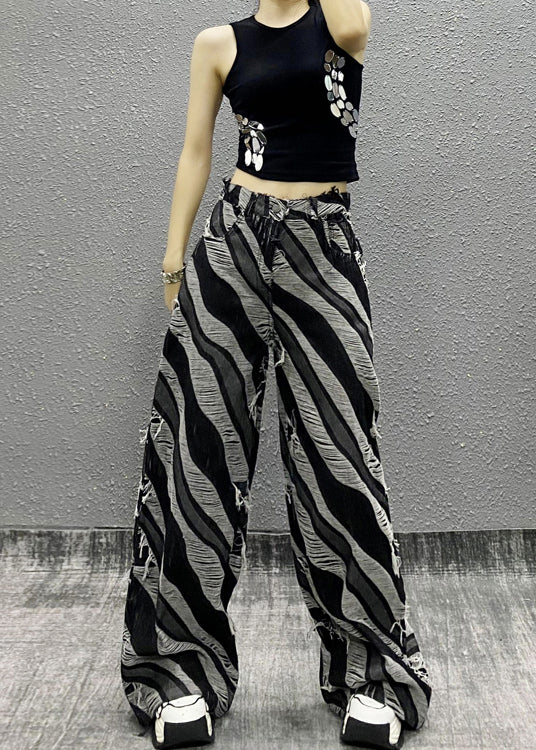 Italian Zebra Pattern Pockets Denim Wide Leg Pants Fall RI012 ABC