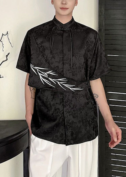 Apricot Embroideried Shirts Cotton Chinese Mens Jacquard Button FashionChic