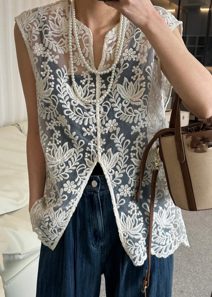 Lace V Neck Sleeveless Apricot Jacquard Out Hollow Tops FashionChic