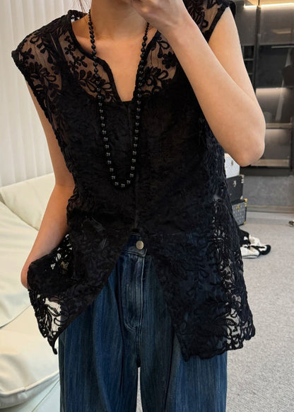 Lace V Neck Sleeveless Apricot Jacquard Out Hollow Tops FashionChic