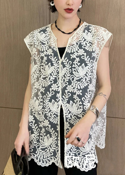 Lace V Neck Sleeveless Apricot Jacquard Out Hollow Tops FashionChic