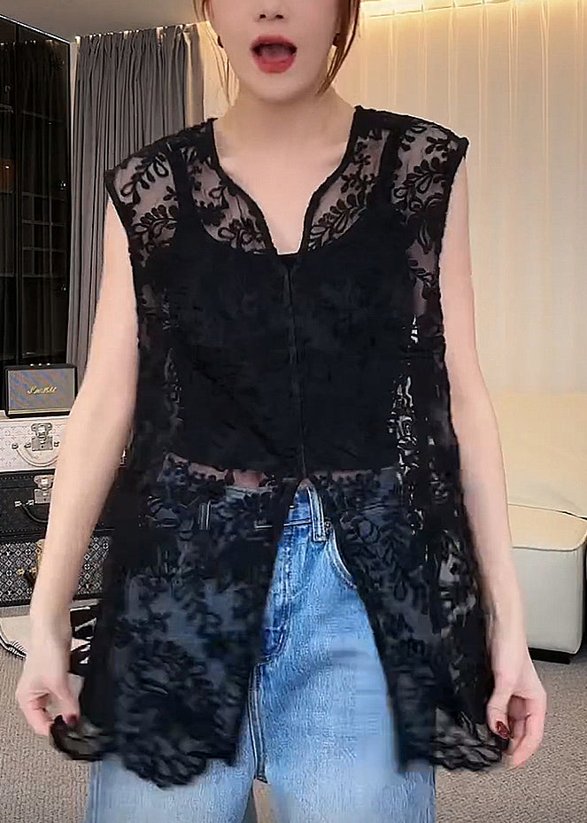 Lace V Neck Sleeveless Apricot Jacquard Out Hollow Tops FashionChic