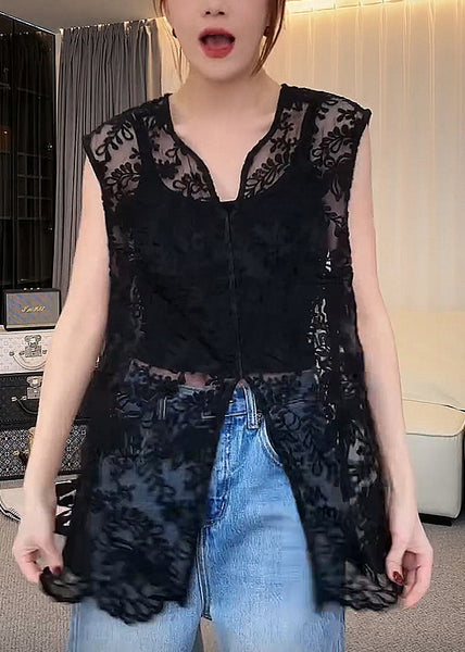 Lace V Neck Sleeveless Apricot Jacquard Out Hollow Tops FashionChic