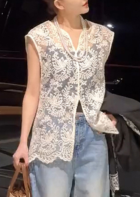 Lace V Neck Sleeveless Apricot Jacquard Out Hollow Tops FashionChic