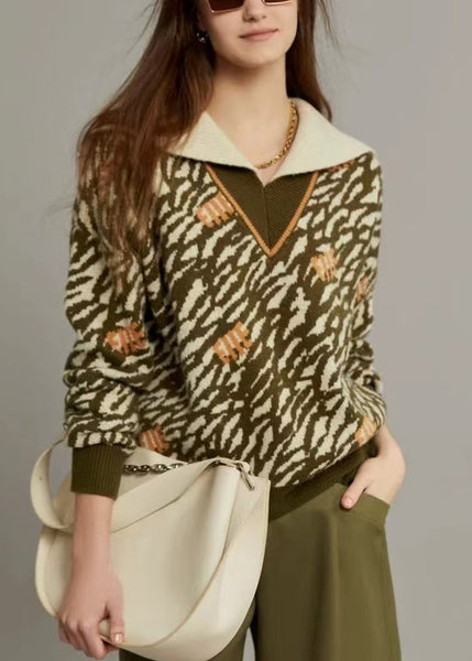 Jacquard Army Green Sailor Collar Cozy Knit Sweater Winter WK006 OM-SW241119