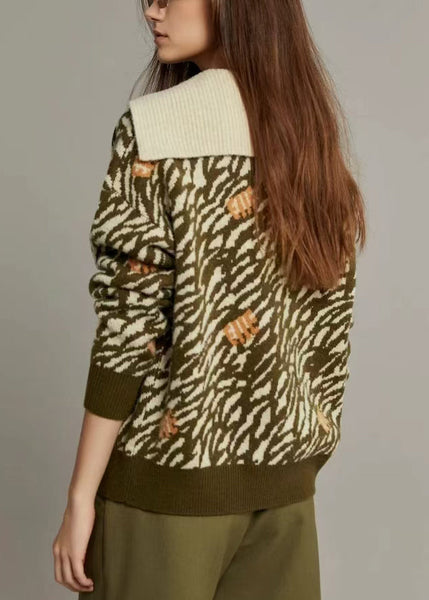 Jacquard Army Green Sailor Collar Cozy Knit Sweater Winter WK006 OM-SW241119