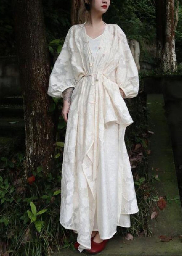 Beige Pieces Side Jacquard Set Button Two Fall Cotton Open FashionChic