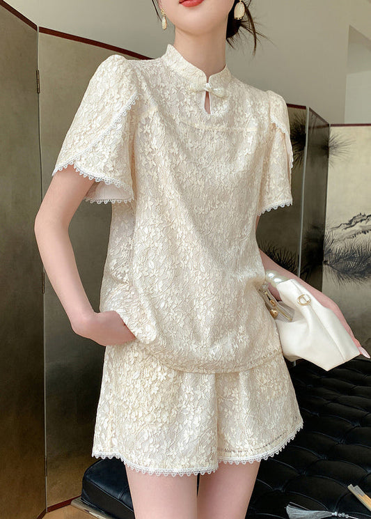 Jacquard Beige Stand Collar Lace Patchwork Chiffon Shirts And Shorts Two Pieces Set Summer WW002 OL-TPIEC240812