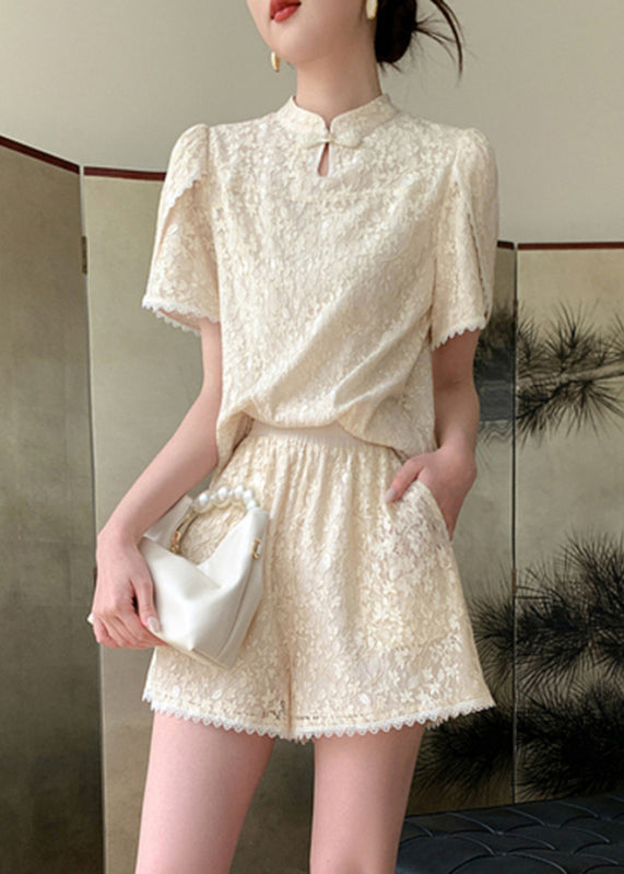 Jacquard Beige Stand Collar Lace Patchwork Chiffon Shirts And Shorts Two Pieces Set Summer WW002 OL-TPIEC240812