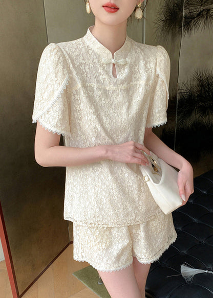 Jacquard Beige Stand Collar Lace Patchwork Chiffon Shirts And Shorts Two Pieces Set Summer WW002 OL-TPIEC240812