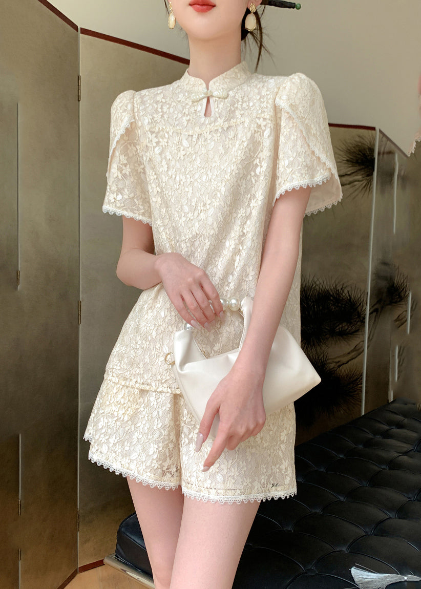 Jacquard Beige Stand Collar Lace Patchwork Chiffon Shirts And Shorts Two Pieces Set Summer WW002 OL-TPIEC240812