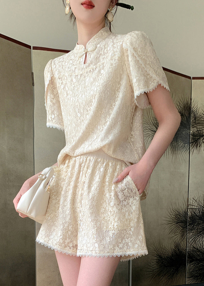 Jacquard Beige Stand Collar Lace Patchwork Chiffon Shirts And Shorts Two Pieces Set Summer WW002 OL-TPIEC240812