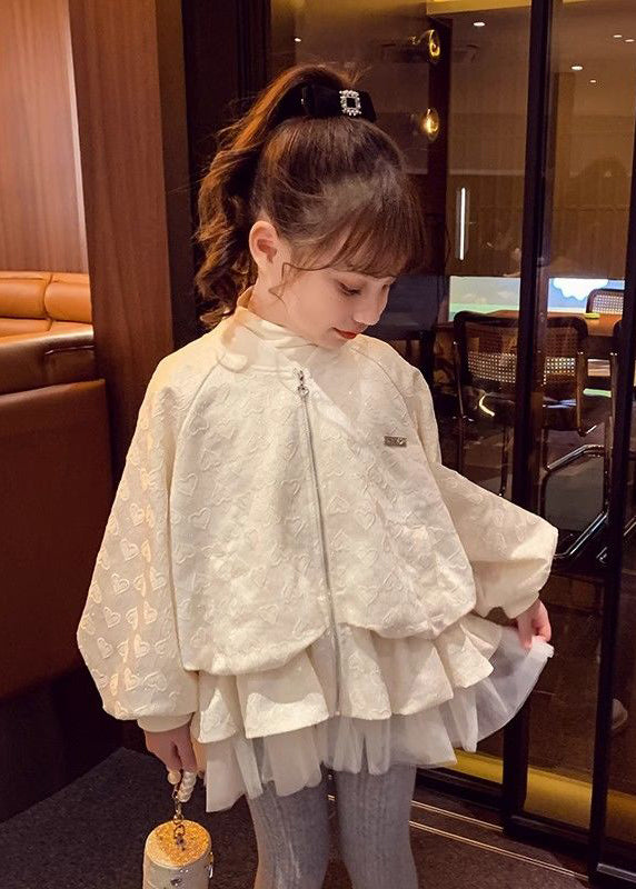 Jacquard Beige Stand Collar Sequins Zippered Kids Coats Fall QV028 MM-RCTZCGTS241026