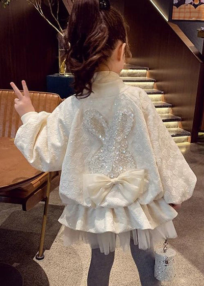 Jacquard Beige Stand Collar Sequins Zippered Kids Coats Fall QV028 MM-RCTZCGTS241026