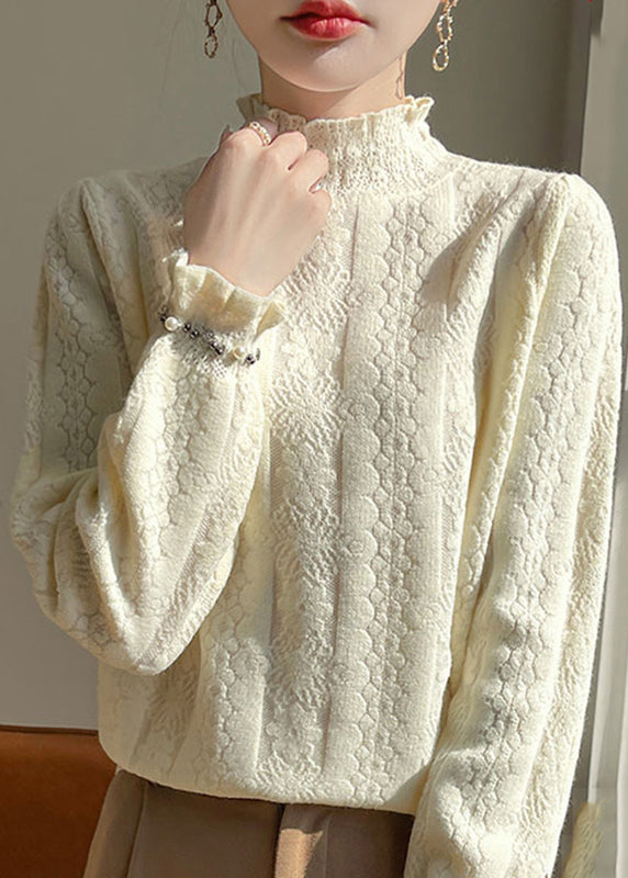 Jacquard Beige Turtleneck Cozy Solid Cotton Knitted Tops Winter TE036 ABC