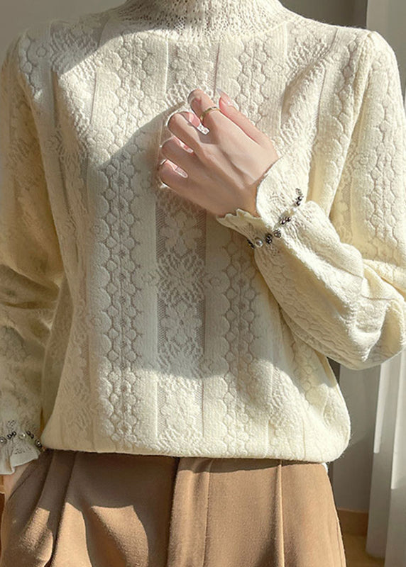 Jacquard Beige Turtleneck Cozy Solid Cotton Knitted Tops Winter TE036 ABC