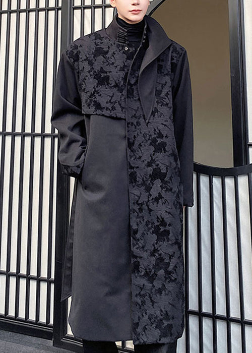 Jacquard Black Asymmetrical Tie Waist Men Trench Coat Winter RO024 ABC