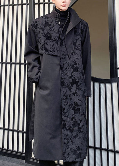 Jacquard Black Asymmetrical Tie Waist Men Trench Coat Winter RO024 ABC