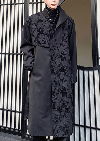 Jacquard Black Asymmetrical Tie Waist Men Trench Coat Winter RO024 ABC