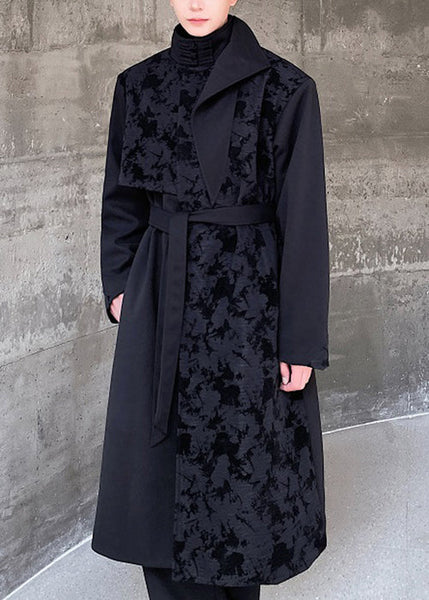 Jacquard Black Asymmetrical Tie Waist Men Trench Coat Winter RO024 ABC