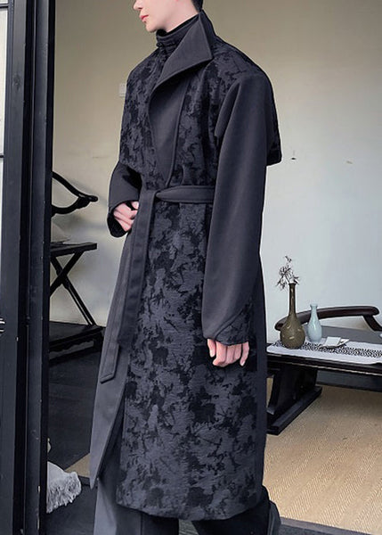 Jacquard Black Asymmetrical Tie Waist Men Trench Coat Winter RO024 ABC