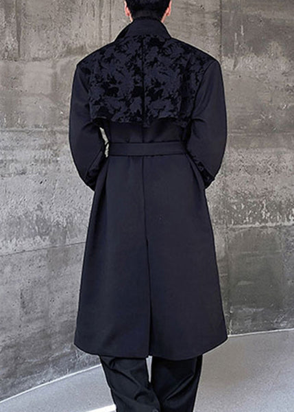 Jacquard Black Asymmetrical Tie Waist Men Trench Coat Winter RO024 ABC