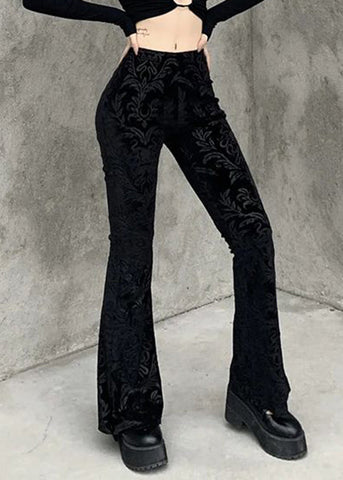 Jacquard Black High Waist Silk Velvet Flare Bottoms Spring YT011 ABC