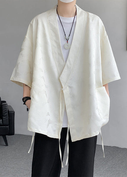 Jacquard Black Lace Up Pockets Ice Silk Mens Coat Batwing Sleeve YT067 Men-Silk-MENC240721