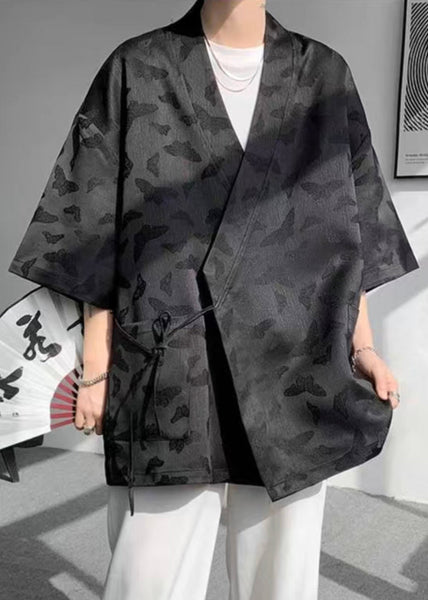 Jacquard Black Lace Up Pockets Ice Silk Mens Coat Batwing Sleeve YT067 Men-Silk-MENC240721