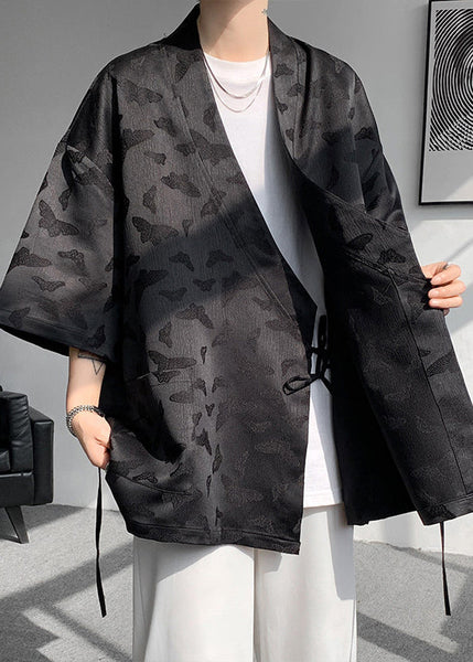 Jacquard Black Lace Up Pockets Ice Silk Mens Coat Batwing Sleeve YT067 Men-Silk-MENC240721