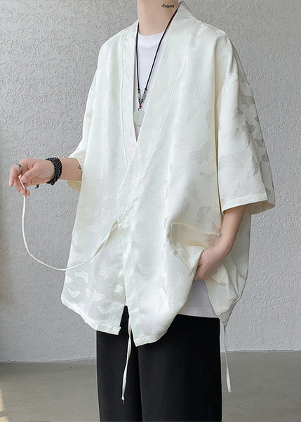 Jacquard Black Lace Up Pockets Ice Silk Mens Coat Batwing Sleeve YT067 Men-Silk-MENC240721