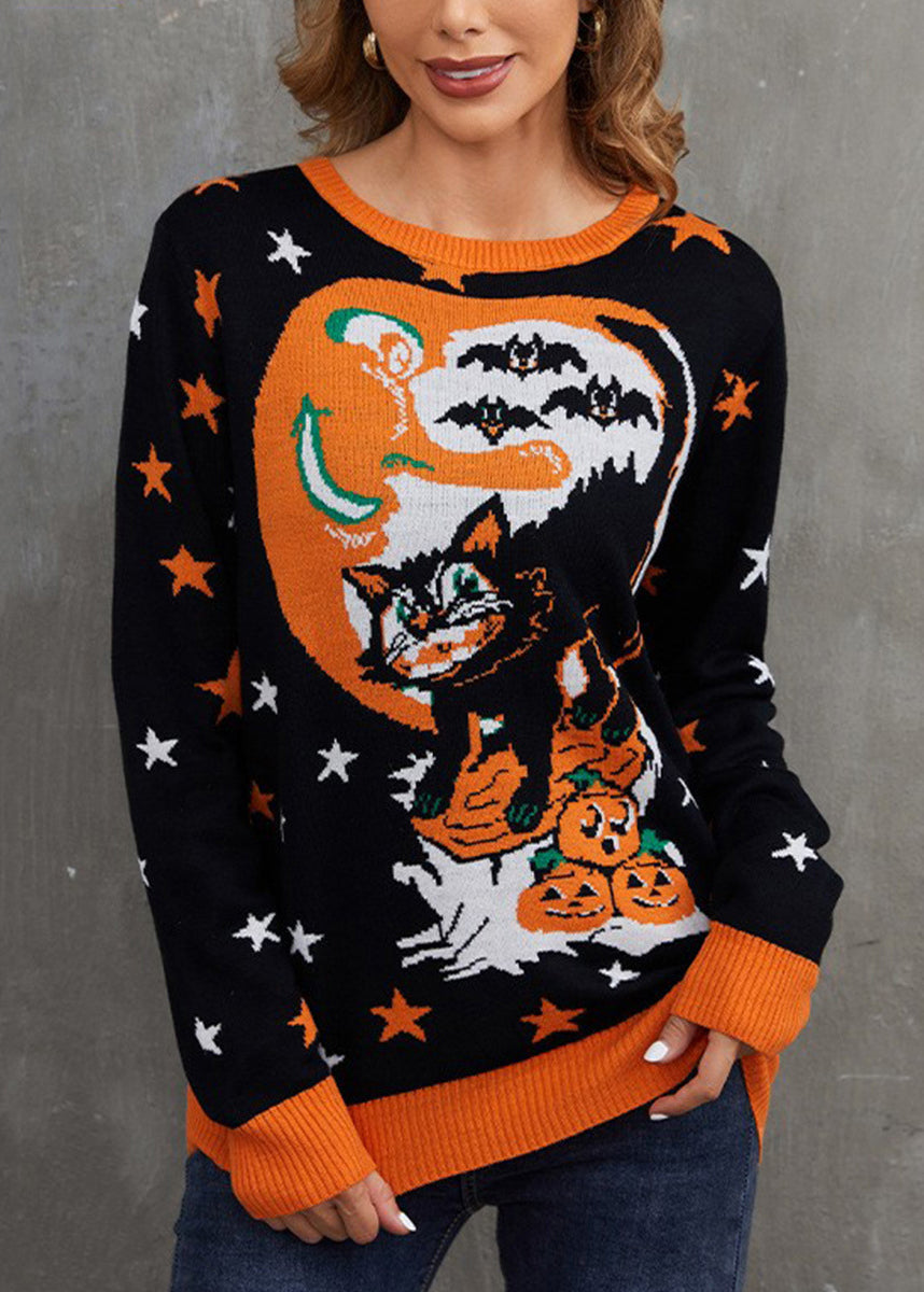 Jacquard Black O Neck Cozy Knit Sweaters Long Sleeve AE1009 OM-HW240901