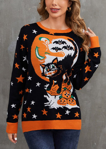 Jacquard Black O Neck Cozy Knit Sweaters Long Sleeve AE1009 OM-HW240901