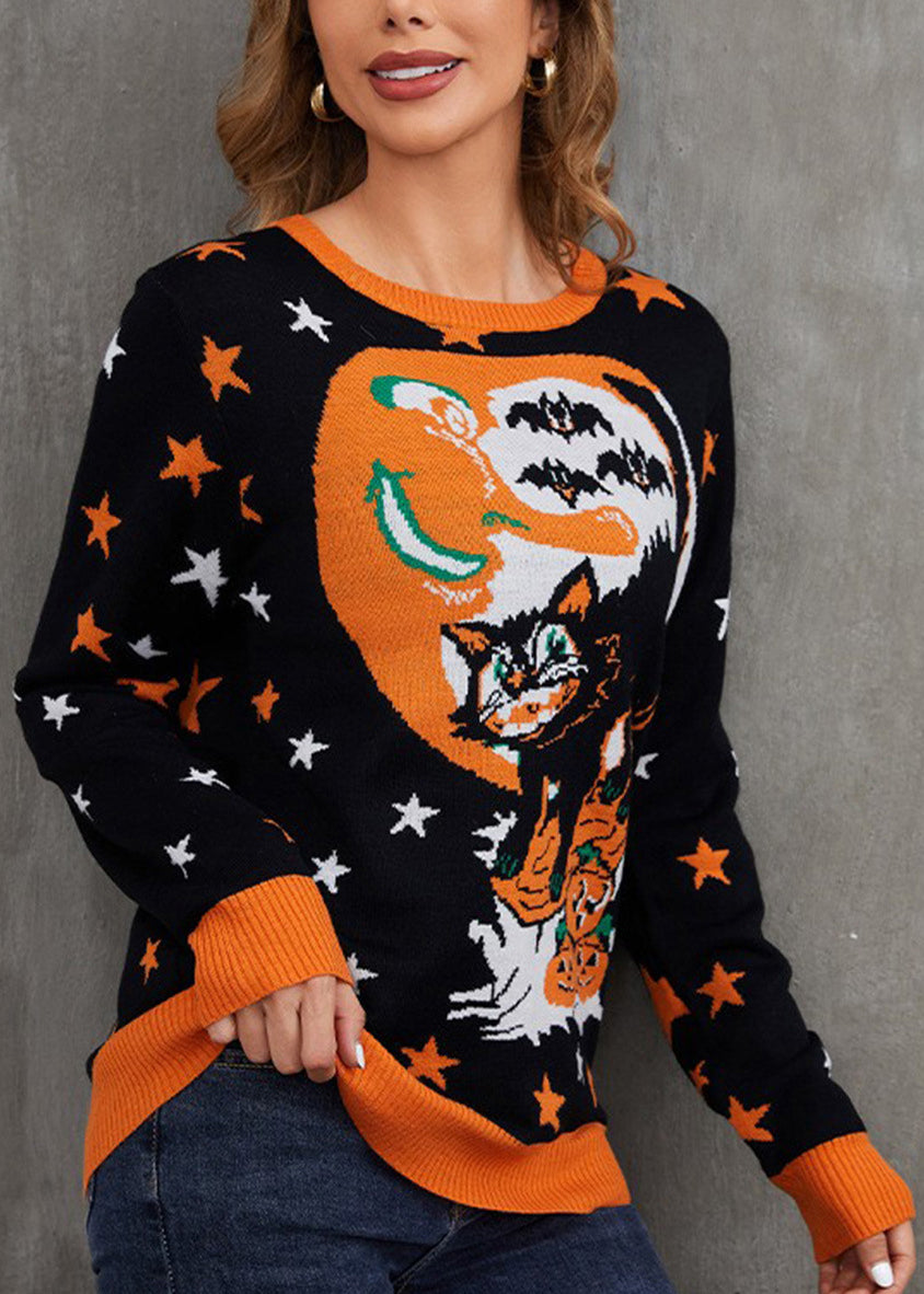 Jacquard Black O Neck Cozy Knit Sweaters Long Sleeve AE1009 OM-HW240901