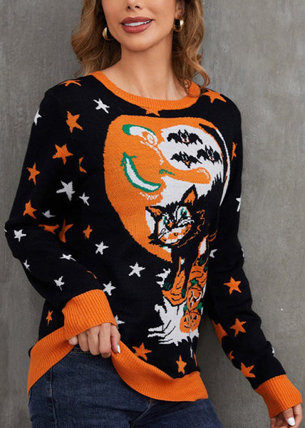 Jacquard Black O Neck Cozy Knit Sweaters Long Sleeve AE1009 OM-HW240901